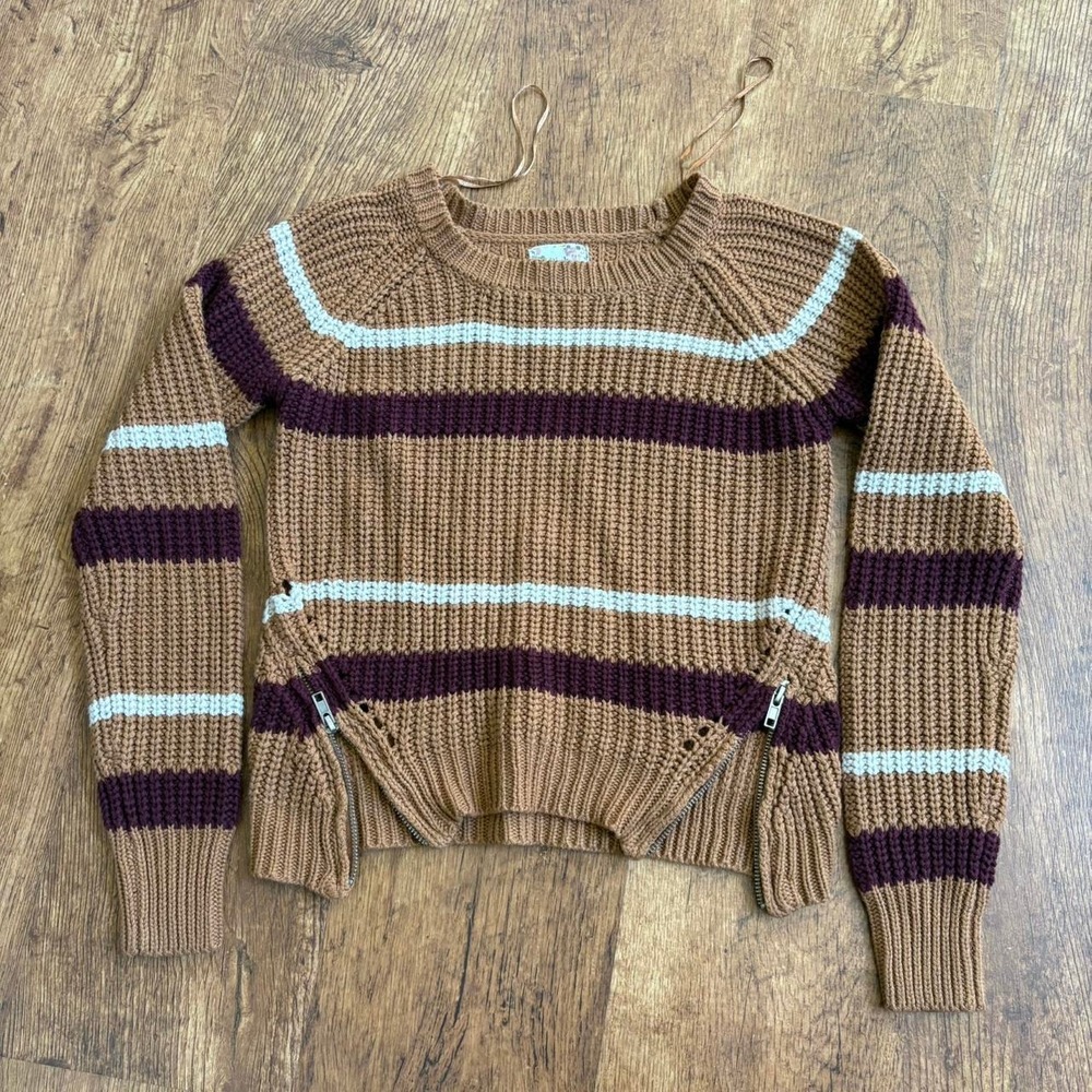 Pink Republic Striped Sweater Caramel Brown Zipper Detail cozy cottage Small